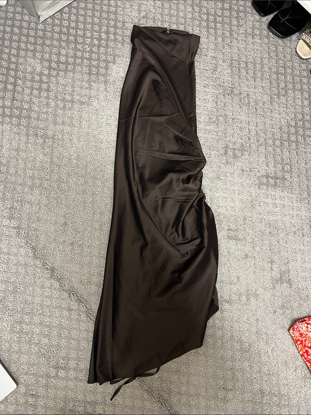 Kittenish Asymmetrical Satin Skirt in Dark Brown
